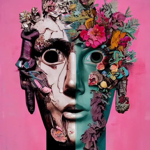 Prompt: Tristan Eaton & Greg Rutkowski, award winning masterpiece with incredible details, Zhang Kechun, a surreal vaporwave vaporwave vaporwave vaporwave vaporwave painting by Thomas Cole of an old pink mannequin head with flowers growing out, sinking underwater, highly detailed