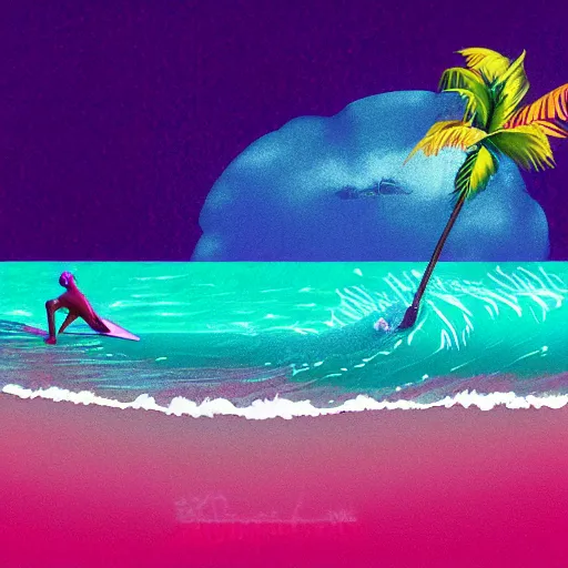 Prompt: a synthwave unicorn surfing in hawaii, digital art