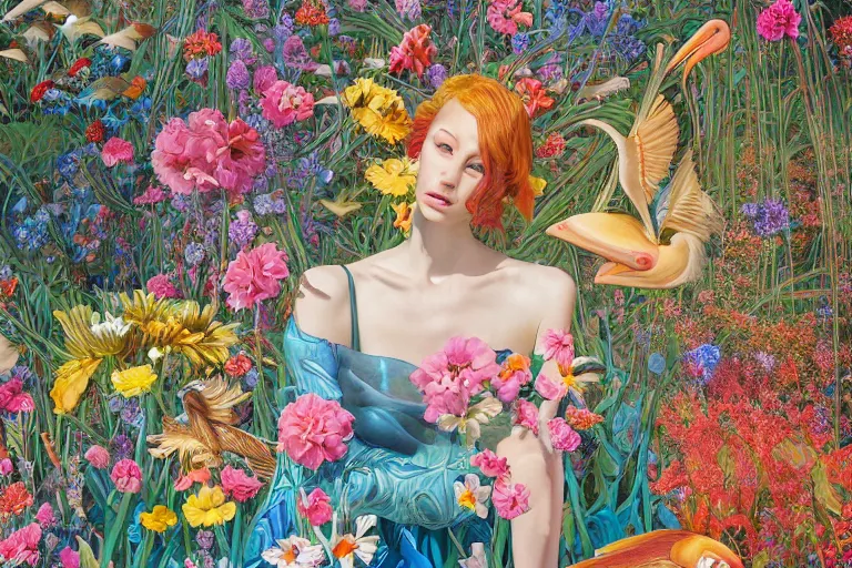 Prompt: pretty model surrounded by flowers, pelicans and goldfish : : by martine johanna and simon stalenhag and chie yoshii and casey weldon and wlop : : ornate, dynamic, particulate, rich colors, intricate, elegant, highly detailed, vogue, harper's bazaar art, fashion magazine, smooth, sharp focus, 8 k, octane render