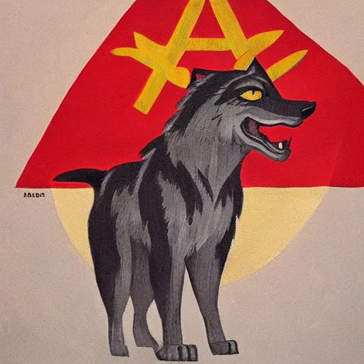 Image similar to communist wolf, soviet propaganda painting