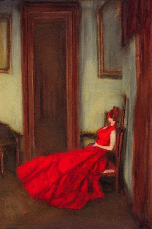 Image similar to an empty red dress laid across a chair in a dark victorian era room. in the style of american impressionism painting.