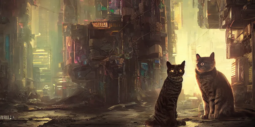 Image similar to cyberpunk cat and normal cat, brothers, fallout 5, studio lighting, deep colors, apocalyptic setting