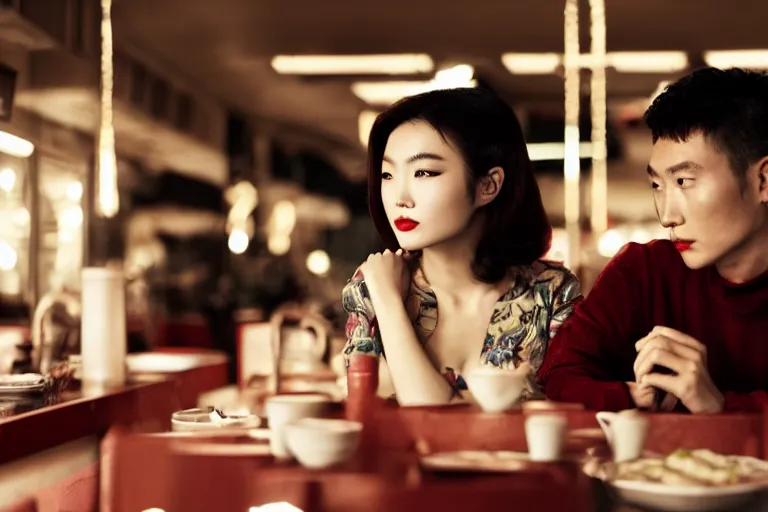 Prompt: movie interior closeup beautiful Chinese fashion model couple closeup sitting at 50s diner, night in the city, beautiful skin, by Emmanuel Lubezki