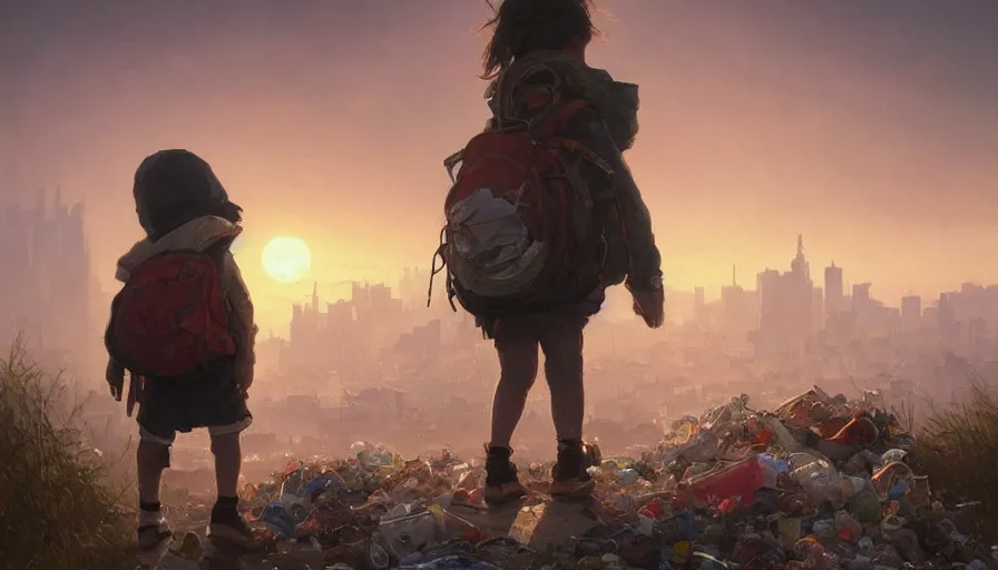 Prompt: poor detailed child with backpack looking for food at garbage dump, city is pure wasteland, sunset in background, greg rutkowski, alphonse mucha, trending on artstation, artgerm, breathtaking, sharp focus, smooth, mark arian, award winning, highly detailed 4 k art