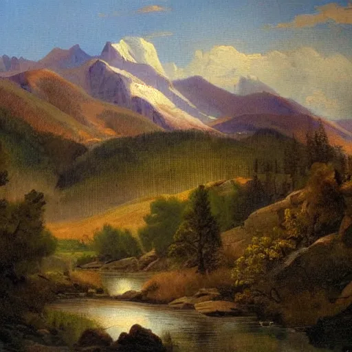 Prompt: Colorado mountains beautiful landscape derailed painting in the style of 19th century Hudson river school art