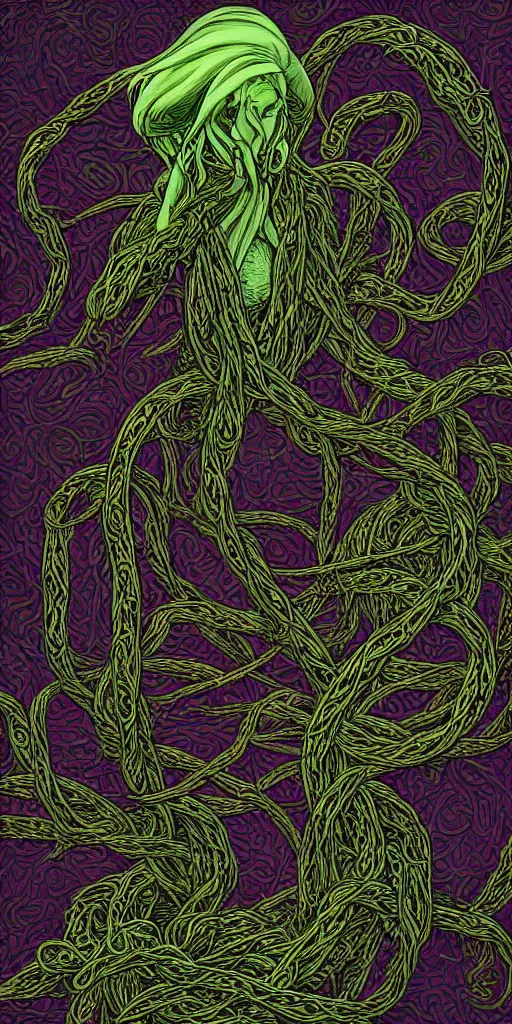 Image similar to beautiful woman, cthulhu, woven, wires, vines, ropes, intertwined, wrapped around, intricate digital art, extremely detailed, 8 k