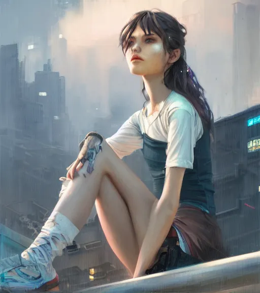 Prompt: girl sitting on a rooftop, cyberpunk, medium shot, realistic detailed face, wearing a shirt, by charlie bowater, by wlop, by jeremy lipking, expressive oil painting, portrait, digital art, photorealistic model shoot, realistic body