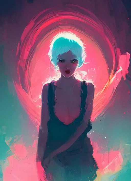 Image similar to highly detailed portrait of a ghost likely girl with neon red eyes, short white hair by atey ghailan, by greg rutkowski, by greg tocchini, by james gilleard, by joe fenton, by kaethe butcher, totally colorful, rainbow, neon coloring, dramatic lighting, chromatic, high contrast, trending in pinterest, award winning details