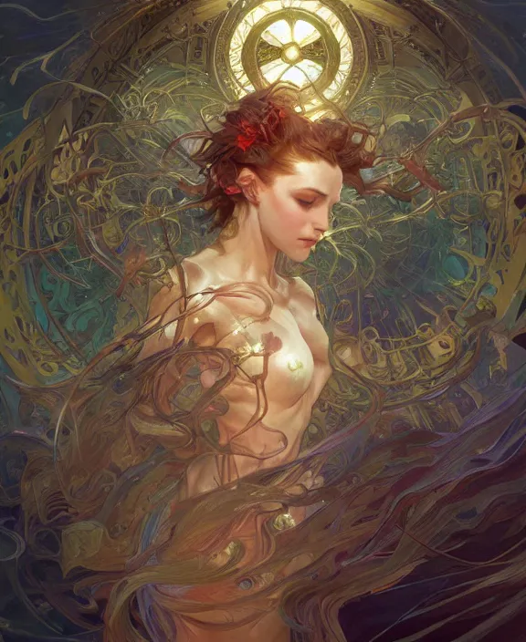 Image similar to a whirlwind of souls rushing inside the metaverse, half body, glowin eyes, d & d, fantasy, intricate, elegant, highly detailed, colorful, vivid color, digital painting, artstation, concept art, art by artgerm and greg rutkowski and alphonse mucha and ruan jia