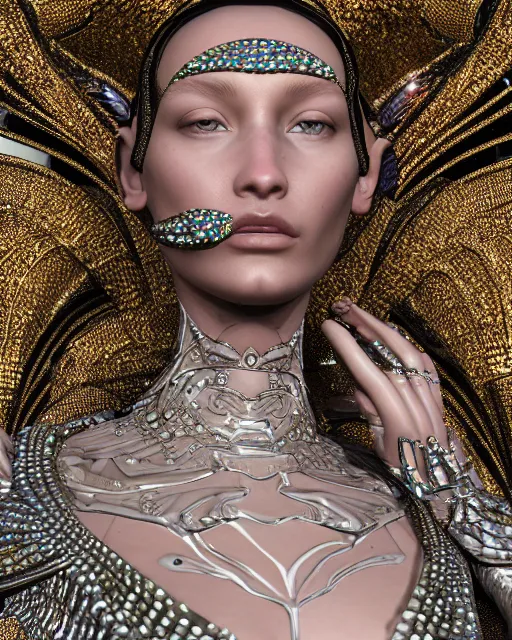 Prompt: a highly detailed metahuman 4 k close up render of an alien goddess bella hadid monument tears in iris van herpen dress schiaparelli in diamonds crystals swarovski and jewelry iridescent in style of alphonse mucha gustav klimt trending on artstation made in unreal engine 4