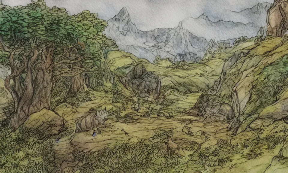 Image similar to lord of the rings landscape, beatrix potter style, pen and watercolor, epic, award-winning, 4k