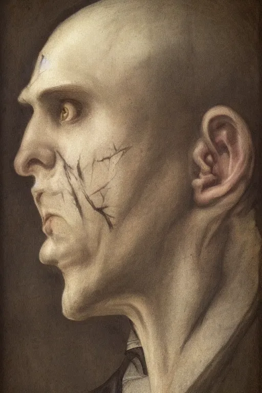 Prompt: portrait of beautiful young gothic oldman, warhammer, a lot of scars, the middle ages, highly detailed, artstation, illustration, art by alfred kubin, 8 k quality