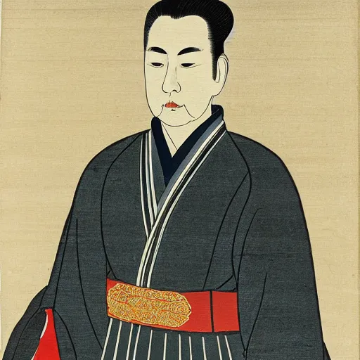 Image similar to portrait of japnese emperor hirohito, japanese woodblock print