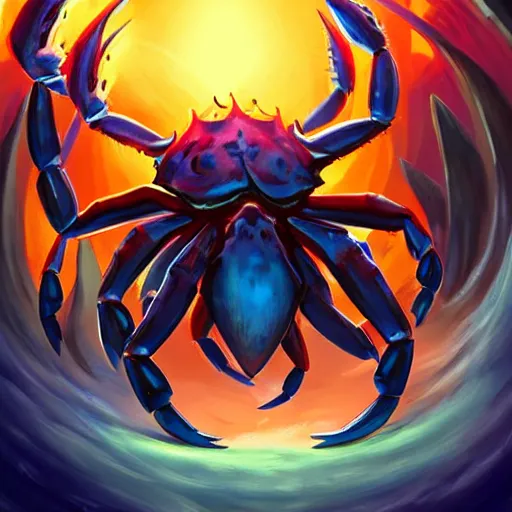 Prompt: blue giant (((((((crab monster)))))))) with giant crab claws, giant crab claws fantasy digital art, magical background in the style of hearthstone artwork