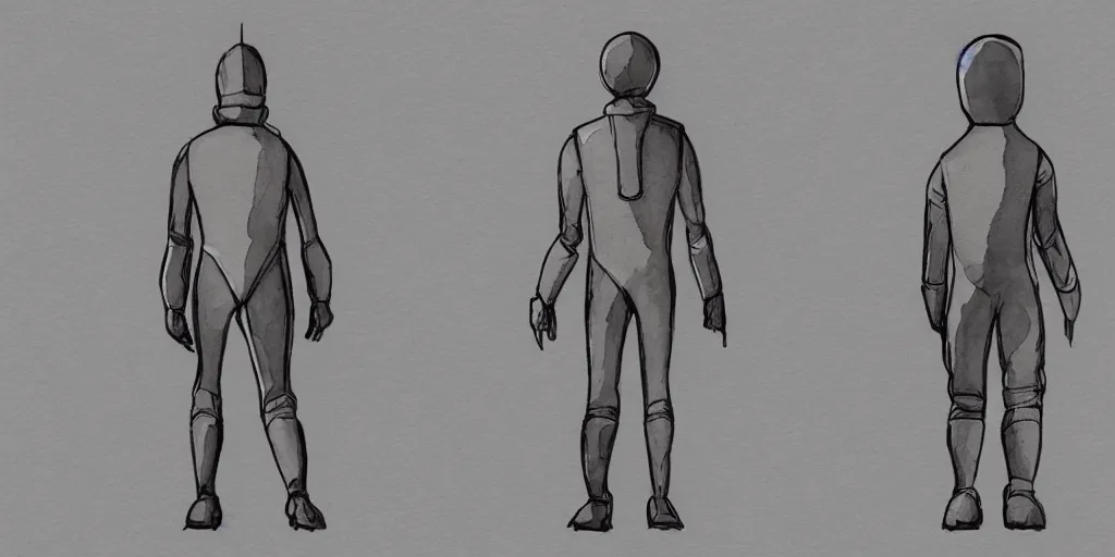 Image similar to male, elongated figure, space suit, minimalist sketch, large shoulders, short torso, long thin legs, tiny feet, character sheet, very stylized, concept art illustration, watercolor shading,