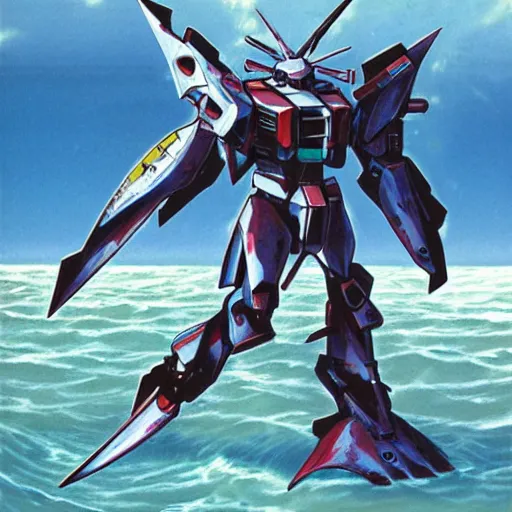 Prompt: shark gundam, amphibious combat mecha stepping onto a beach holding a scifi weapon by wayne barlowe, pascal blanche, gundam box art