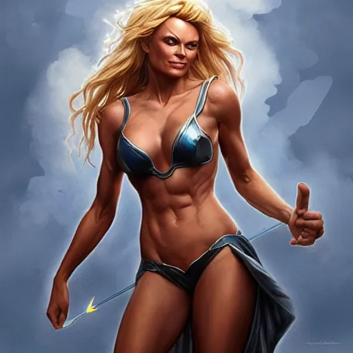 Image similar to pamela anderson as the greek god of lightning, highly detailed, by artgerm and greg rutkowski