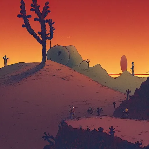 Image similar to desert scene, red sun, fantasy art, illustration, animated film, by studio ghibli