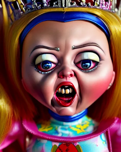 Image similar to closeup profile portrait of a tin toy ivanka trump screaming as a sith lord fairytale princess chucky doll wearing a crown and eating cakes, bikini, hyper realistic, artstation, illustration, nicoletta ceccoli, mark ryden, lostfish, max fleischer, digital paint, matte paint, vivid colors, bright, cheerful, detailed and intricate environment