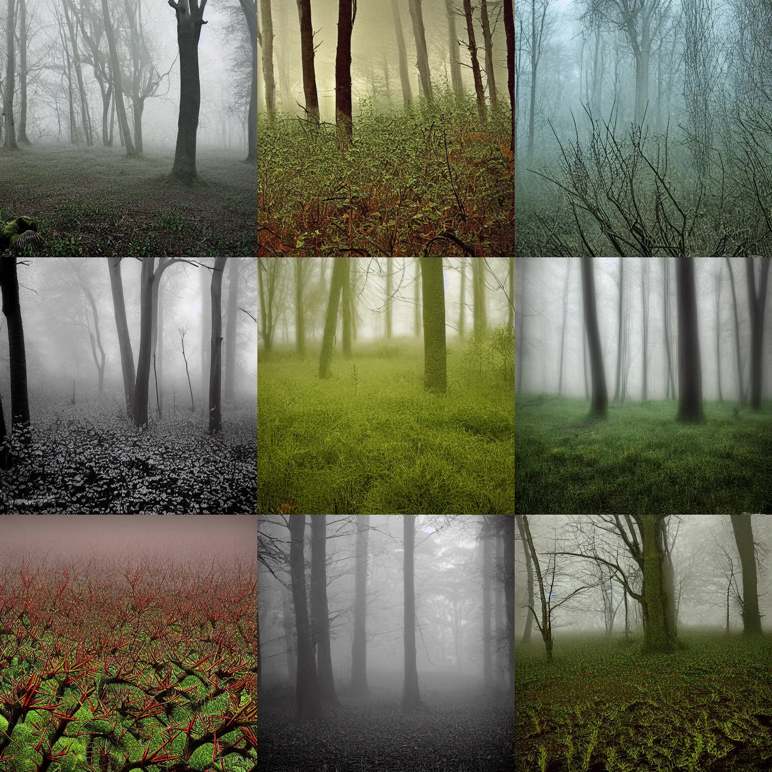 Prompt: a wild forest of thorns fog photograph