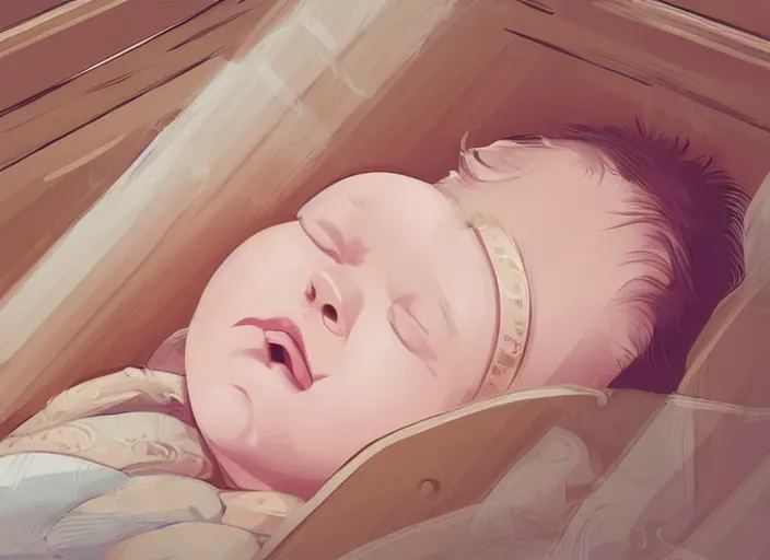 Image similar to a newborn baby with blonde hair sleeping in a crib. clean cel shaded vector art. shutterstock. behance hd by lois van baarle, artgerm, helen huang, by makoto shinkai and ilya kuvshinov, rossdraws, illustration, art by ilya kuvshinov