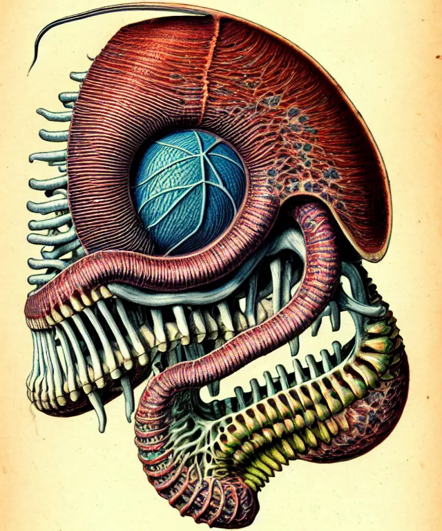 Prompt: hyper-detailed color pencil antique medical illustration of Kaiju head crosssection, nautilus brain, ribcage, xhenomorph, with tentacles coming out of open mouth and exposed jaw bone, no text, symmetrical