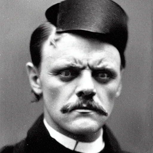 Prompt: headshot edwardian photograph of anthony hopkins, bill skarsgard, arthur shelby, terrifying, scariest looking man alive, 1 8 9 0 s, london gang member, slightly pixelated, angry, intimidating, fearsome, realistic face, peaky blinders, 1 9 0 0 s photography, 1 9 1 0 s, grainy, blurry, very faded