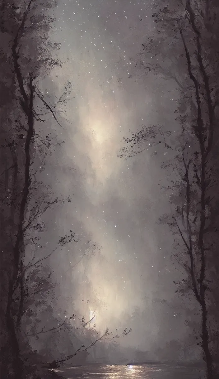 Image similar to Painting by Greg Rutkowski, at night a river flows from the sky in the forest and a constellation in the night sky