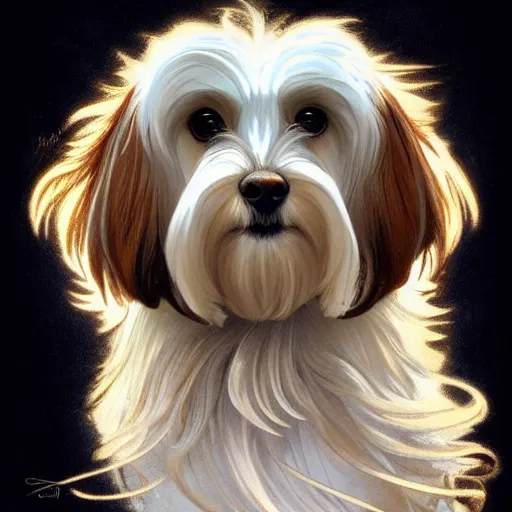 Image similar to beautiful detailed picture of a havanese with white and brown hair, radiant light, art nouveau, intricate, elegant, highly detailed, my rendition, digital painting, artstation, concept art, smooth, sharp focus, illustration, art by artgerm and greg rutkowski and alphonse mucha