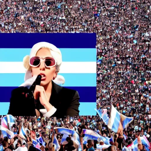 Image similar to Lady Gaga as president, Argentina presidential rally, Argentine flags behind, bokeh, giving a speech, detailed face, Argentina