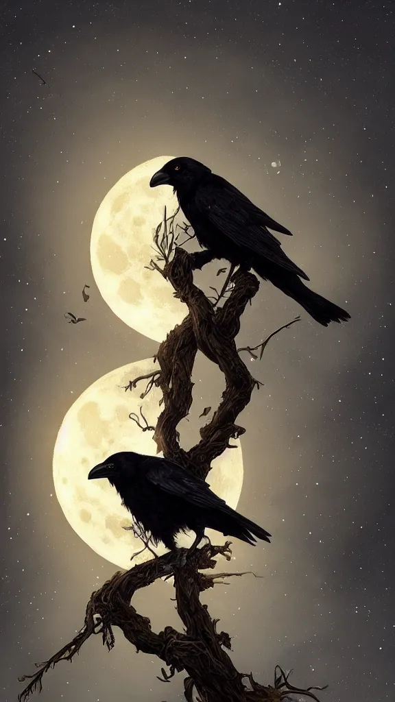 Image similar to crow on tree in front of the full big moon, highly detailed, digital painting, artstation, concept art, smooth, sharp focus, illustration, Unreal Engine 5, 8K, art by artgerm and greg rutkowski and alphonse mucha