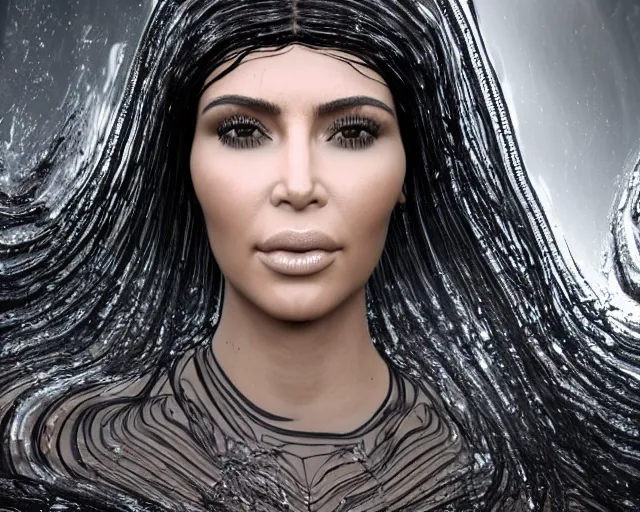 Image similar to epic full body shot still of kim kardashian unconscious wearing a black lace dress trapped in a transparent alien liquid, wet flowing hair, gooey skin, illustration, unreal engine 5, 8 k, made by h. r. giger.