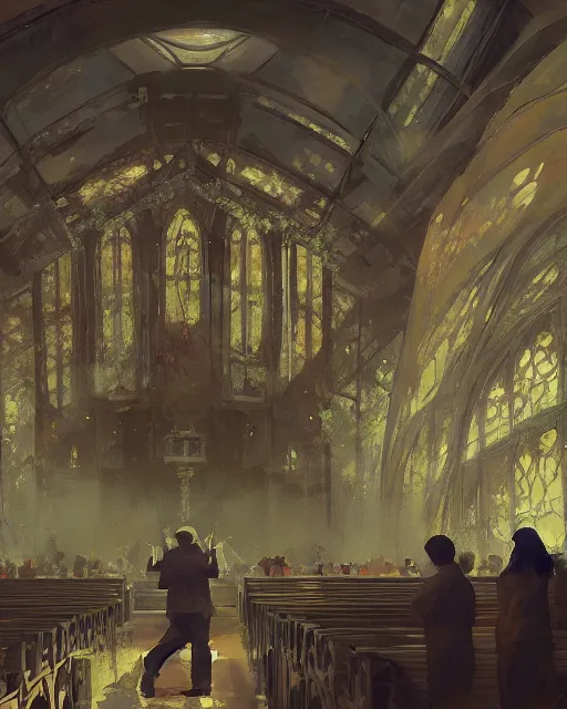 Prompt: craig mullins and ghibli digital matte art of a crowd in a futuristic church, priest, pews, ethereal, inviting, unreal engine, hyper realism, realistic shading, cinematic composition, realistic render, octane render, detailed textures, photorealistic, wide shot