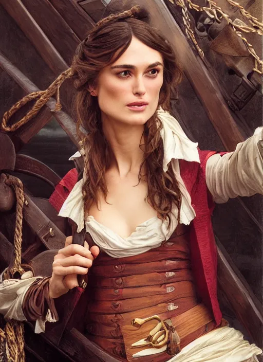 Image similar to portrait Keira Knightley as sea pirate on a ship, full length shot, shining, 8k highly detailed, sharp focus, illustration, art by artgerm, mucha, bouguereau