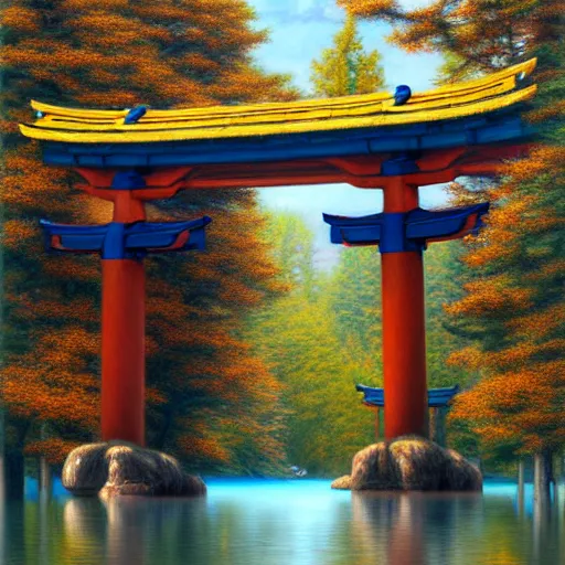 Image similar to torii gate in middle of a lake, portrait art by donato giancola and james gurney, digital art, trending on artstation