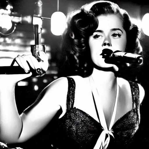 Prompt: Classic film noir scene, Amy Adams as a singer in a 1940's jazz bar, medium shot, chiaroscuro, black and white, spotlight on the singer, cigarette smoke rising from tables, high contrast