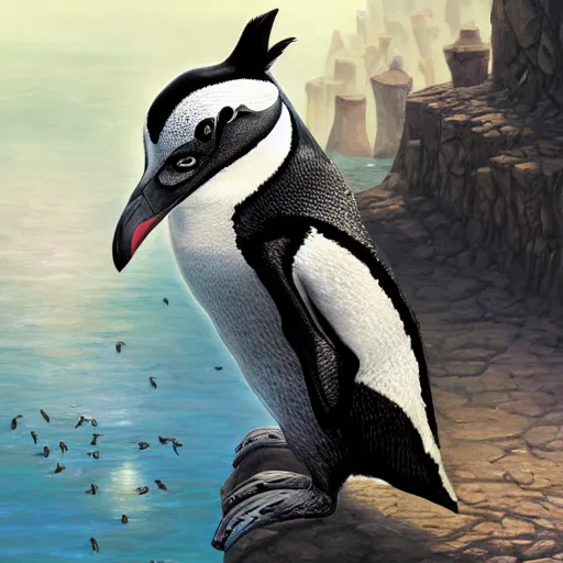 Image similar to african penguin close shot, cute, fantasy painting, concept art, global illumination, tankoban, 4 k, fantasy painting, hyper detailed, pixar animation style, 8 k, studio light, award winning, by artgerm, sylvain sarrailh, rossdraws, wlop, very beautiful