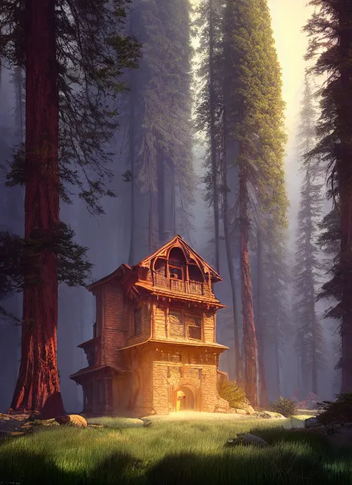 Image similar to random mystic house in sequoia forest incredible, vector art, octane render, fabulous, hyper detailed, random cinematic view, no noise, global illumination, warm lighting, volumetric, godrays, vivid, beautiful, by jordan grimmer