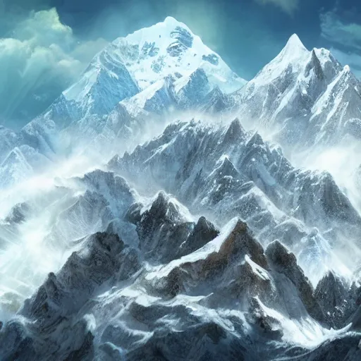 Image similar to snowy peaks, himalayas, buddhist temple, stunning, extraordinary, blizzard, mystical, made in abyss style, detailed, dynamic scene