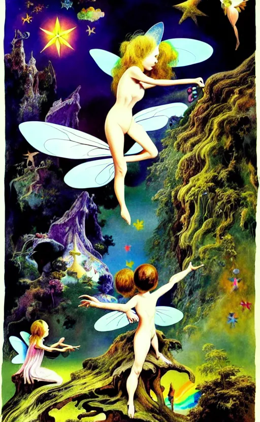 Prompt: small fairies, enchanted forest, small animals, stars in the sky, rainbows, hallucination, psychotropic psychedelic, wide angle shot, white background, vector art, illustration by frank frazetta by salvador dali