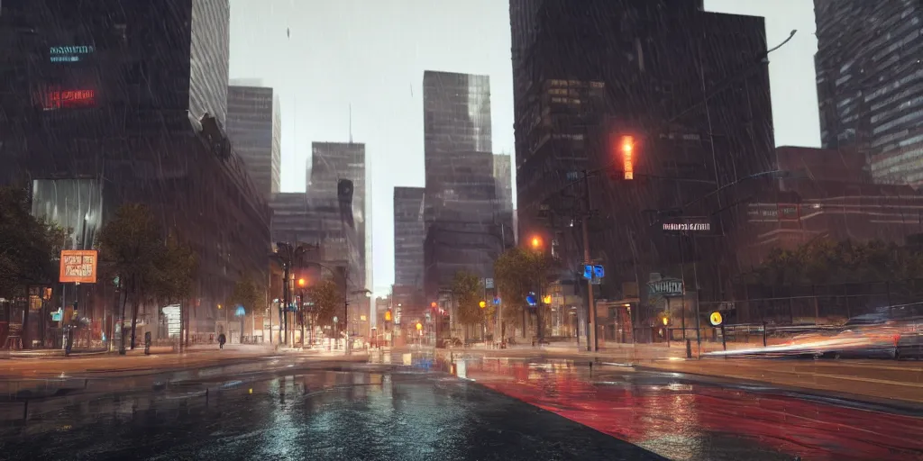 Prompt: futuristic downtown denver with heavy rain, cinematic, ultra - realistic, ultra - detailed, octane render, unreal engine 5, depth of field
