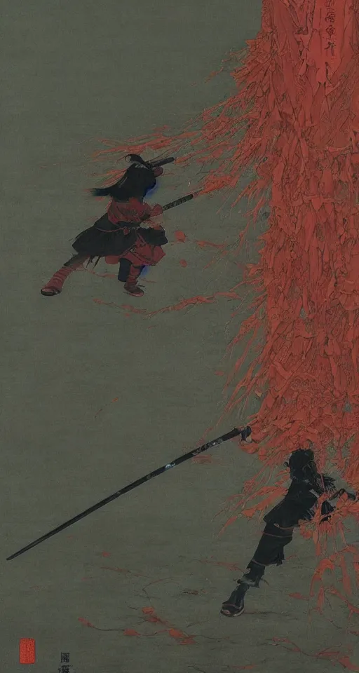 Image similar to japanese schoolgirl runs away from samurai with a katana on the subway, high detailed beksinski painting, part by adrian ghenie and gerhard richter. art by takato yamamoto. masterpiece, deep colours, red