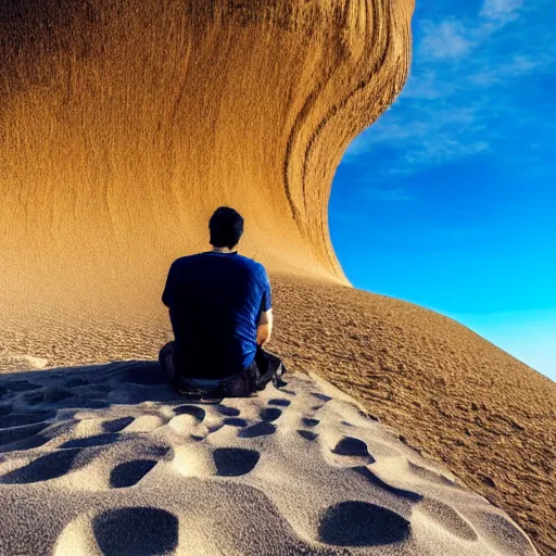 Image similar to man sitting on top peak mountain cliff looking at huge sand tornado