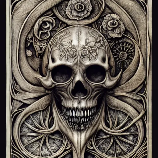 Prompt: memento mori by arthur rackham, art forms of nature by ernst haeckel, photorealistic ultra - detailed octane render, art nouveau, gothic, ornately carved beautiful skull mask dominant, intricately carved ornamental antique bone, art nouveau botanicals, art forms of nature by ernst haeckel, horizontal symmetry, symbolist, visionary