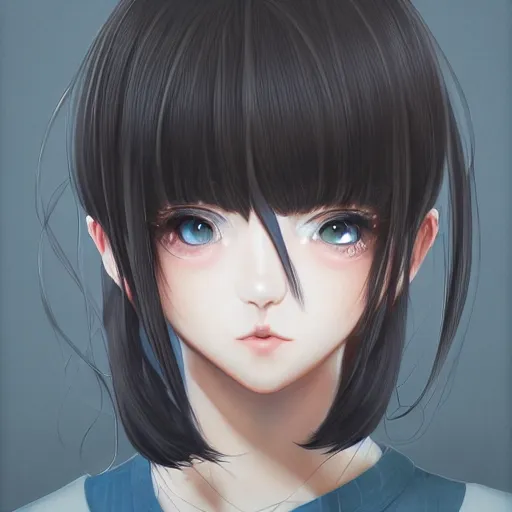 Image similar to portrait of beautiful symmetrical anime girl, black hair, attractive, casual, modern, highly detailed, digital painting, smooth, sharp focus, illustration, art by arco wada, 8 k,