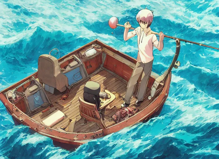 Image similar to anime three - point perspective illustration of a man fishing on a row boat in the middle of the ocean, by kim jung gi, paul heaston, makoto shinkai, simon stalenhag, greg rutkowski, hayao miyazaki, by studio ghibli. digital art, panaromic view, wide angle shot, trending on art station, cinematic, fish eye