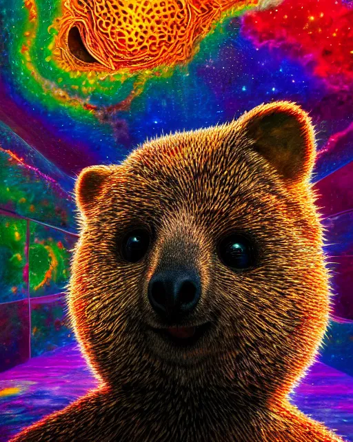 Prompt: portrait ultra dimensional quokka entity, accidentally tripping on dmt and acid, psychedelic experience, overwhelming psychosis of self realization and burning awakening, ultra high definition, unreal engine 5, hyperrealism, masterpiece composition, by casey weldon, barclay shaw 8 k photorealistic