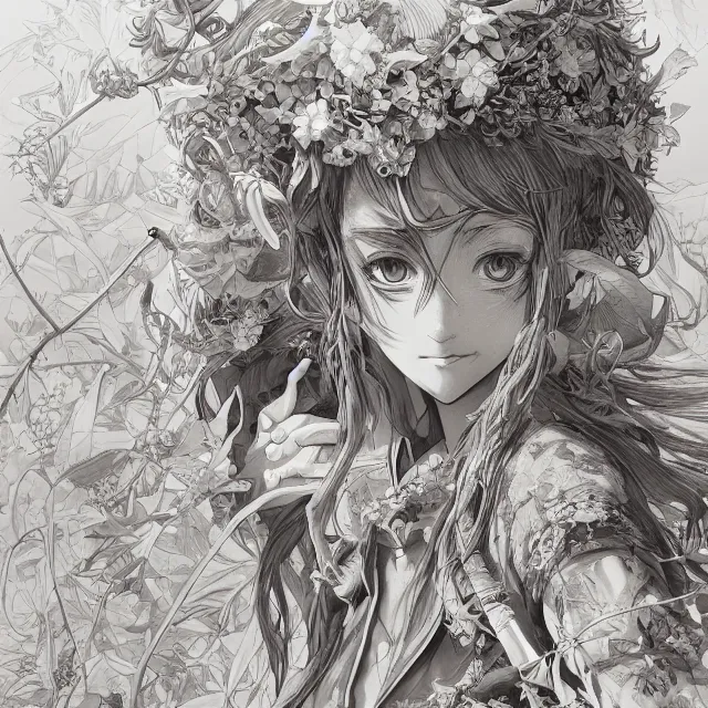 Image similar to the portrait of chaotic good female druid botanist as absurdly beautiful, gorgeous, elegant, young anime girl, an ultrafine hyperdetailed illustration by kim jung gi, irakli nadar, intricate linework, sharp focus, bright colors, octopath traveler, final fantasy, unreal engine 5 highly rendered, global illumination, radiant light, detailed and intricate environment