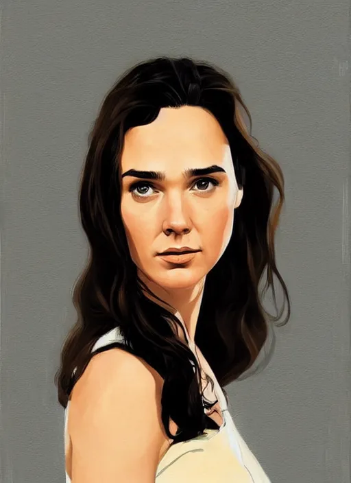 Image similar to detailed artwork by phil noto ; stylized painting of young jennifer connelly ; gal gadot ; brush texture ; asymmetric composition ; trending on artstation ; gallery painting by phil noto, comic style