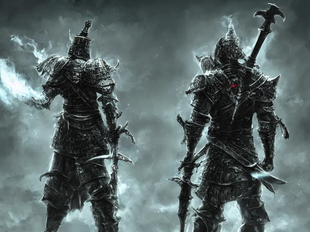 Image similar to warrior of death with big sword and shining armor standing and looking down, out of his back is coming white smoke, in the style of dark souls, conzept art